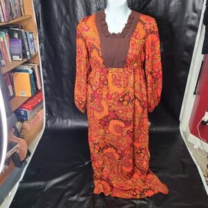 Vintage handmade 60s fit and flare Orange Brown paisley prairie dress size 13